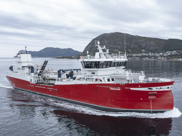 The live fish carrier Færøysund sailing along the Norwegian coast.